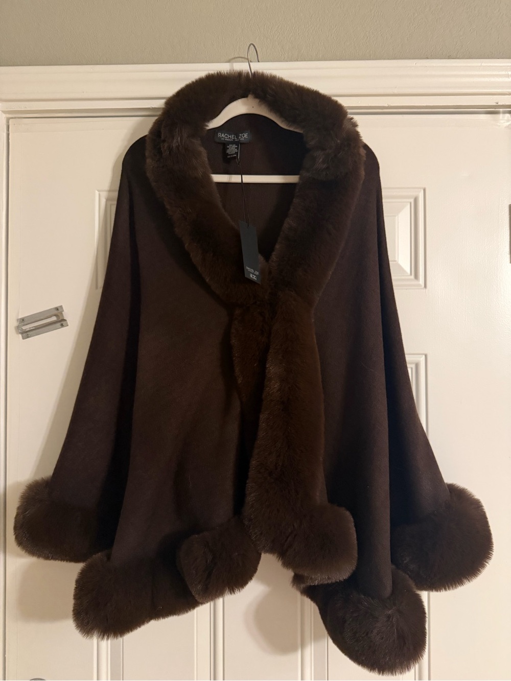 Rachel Zoe Dark Brown Faux Fur Trim Cape Poncho